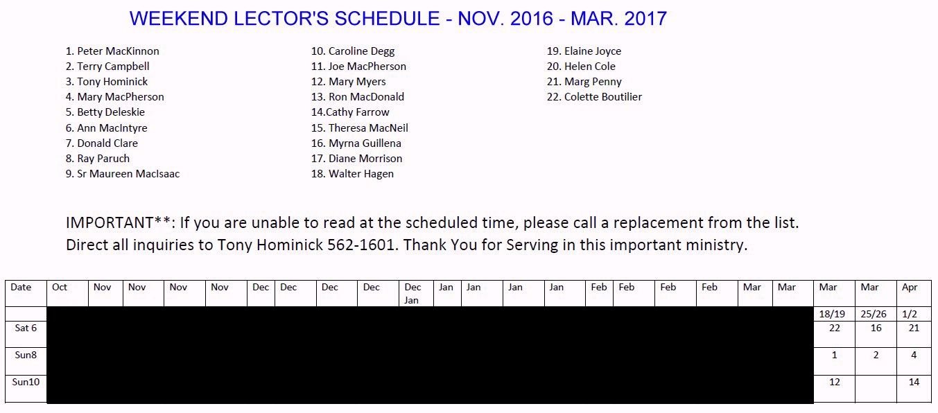 WEEKEND LECTORS' SCHEDULE out of date range!